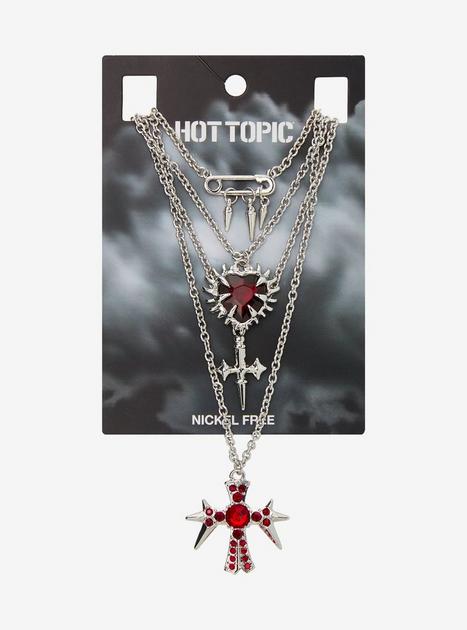 Spiky Red Heart Rhinestone Cross Necklace Set | Hot Topic