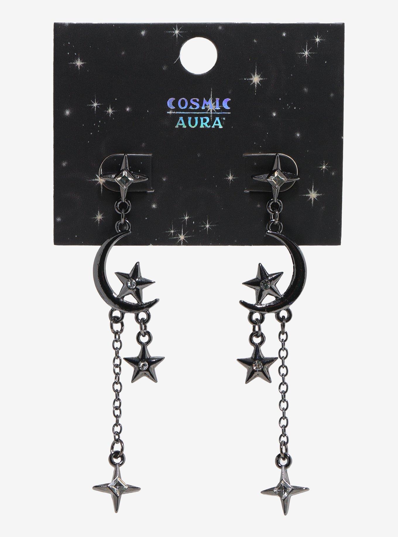 Cosmic Aura Gunmetal Crescent Moon Star Drop Earrings, , hi-res