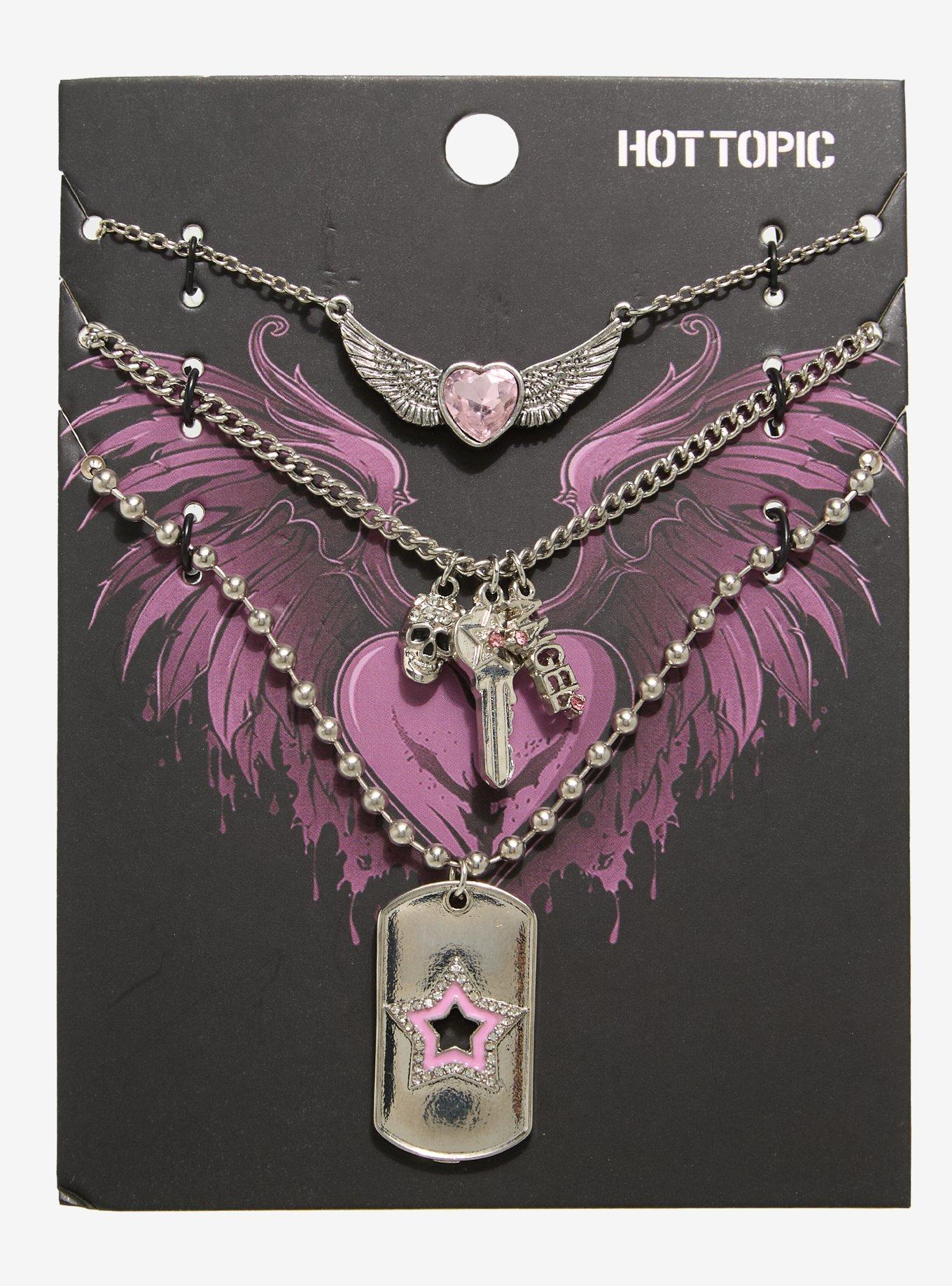Y2K Winged Heart Dog Tag Necklace Set, , hi-res