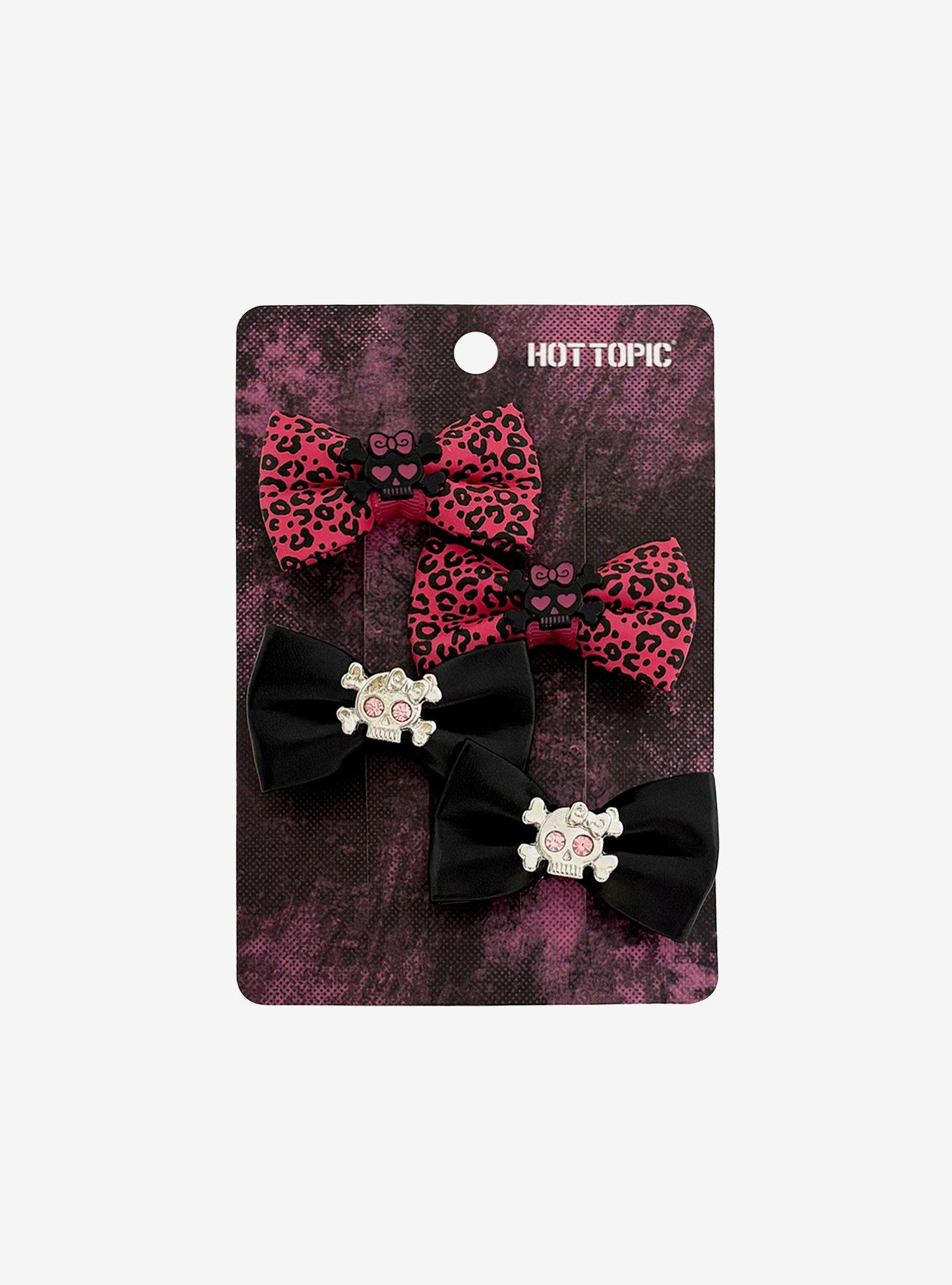 Skull & Crossbones Pink Black Hair Bow Set, , hi-res