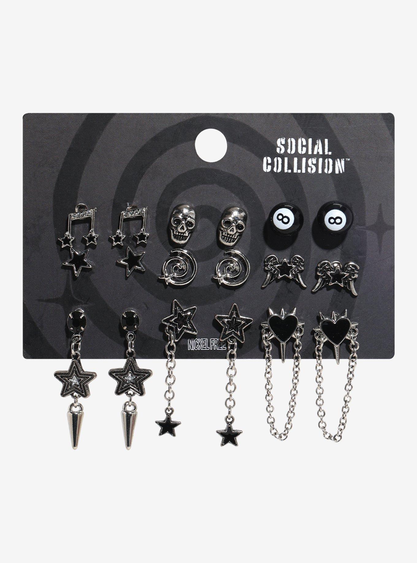 Social Collision 8-Ball Skull Star Stud Earring Set, , hi-res