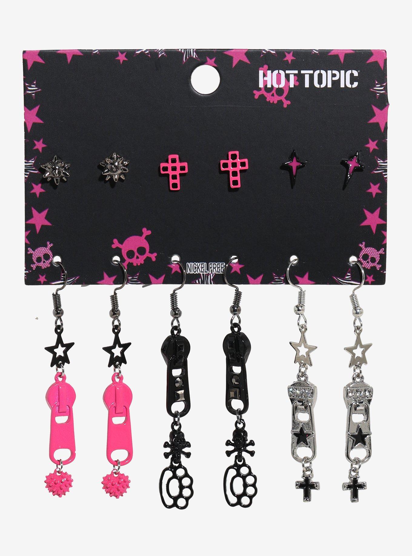 Pink & Black Zipper Cross Star Earring Set | Hot Topic