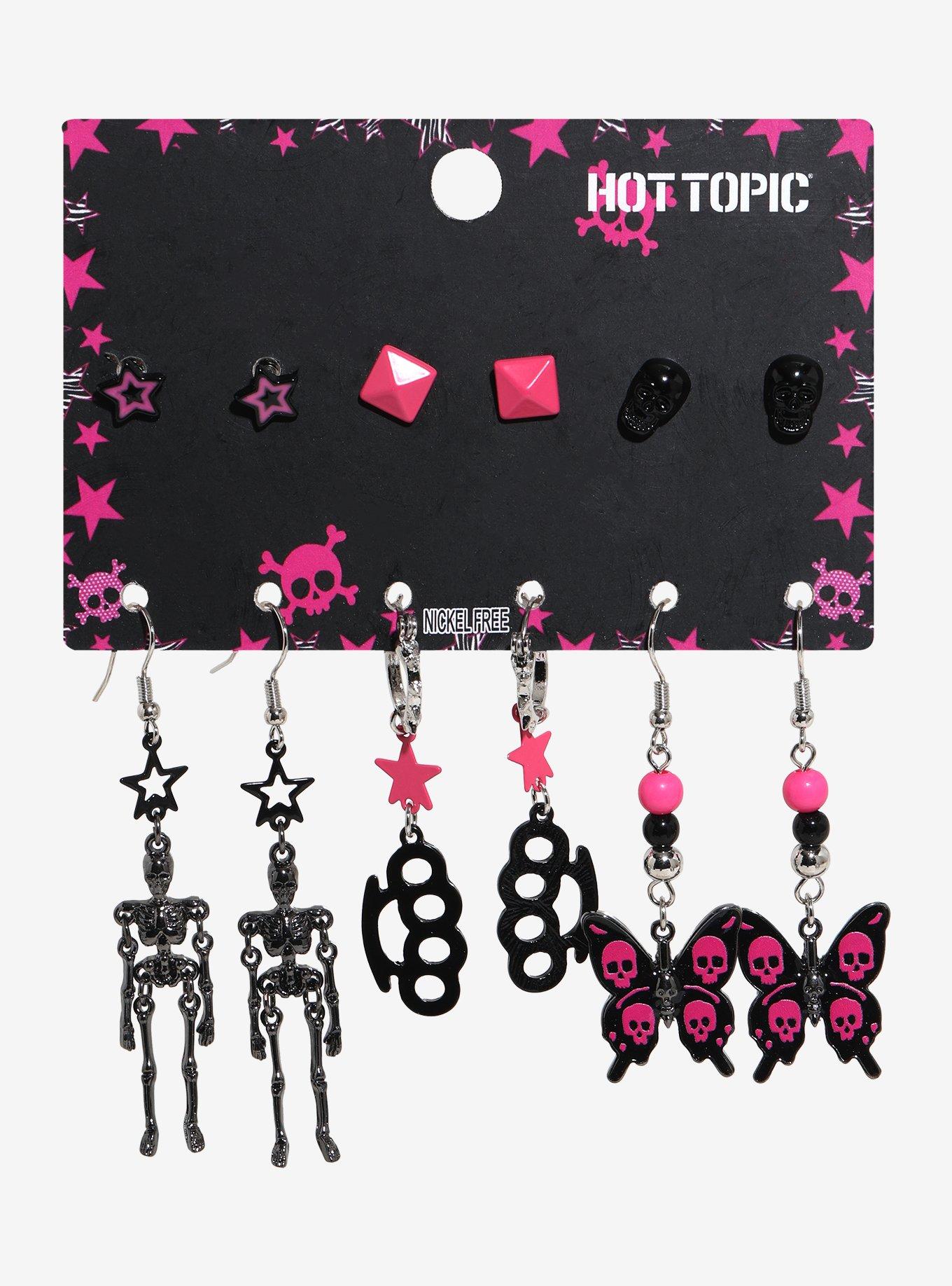Black & Pink Skeleton Butterfly Earring Set, , hi-res