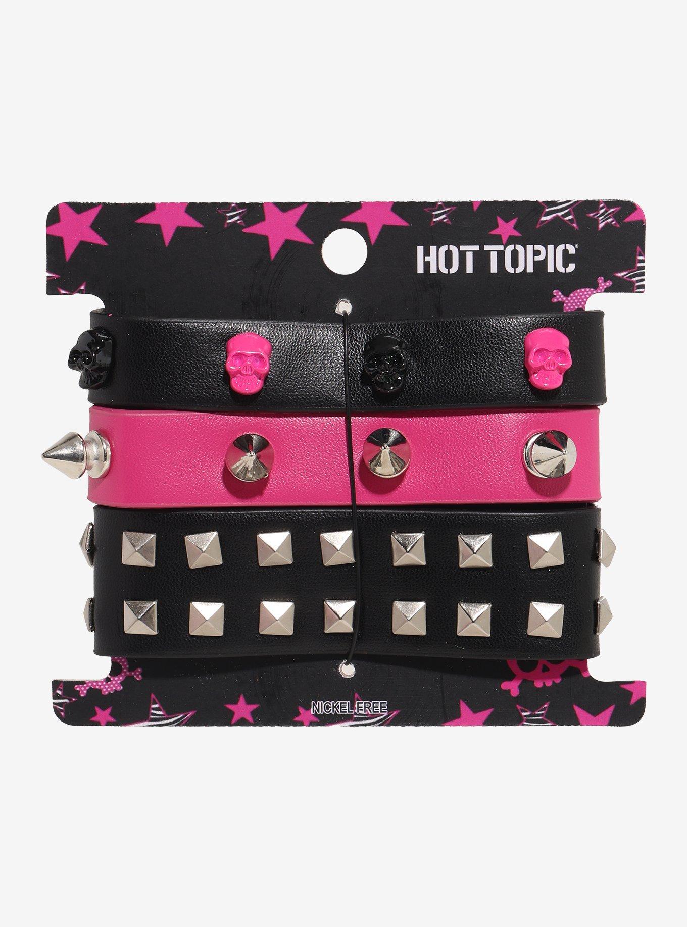 Pink Skull Pyramid Stud Spike Bracelet Set, , hi-res
