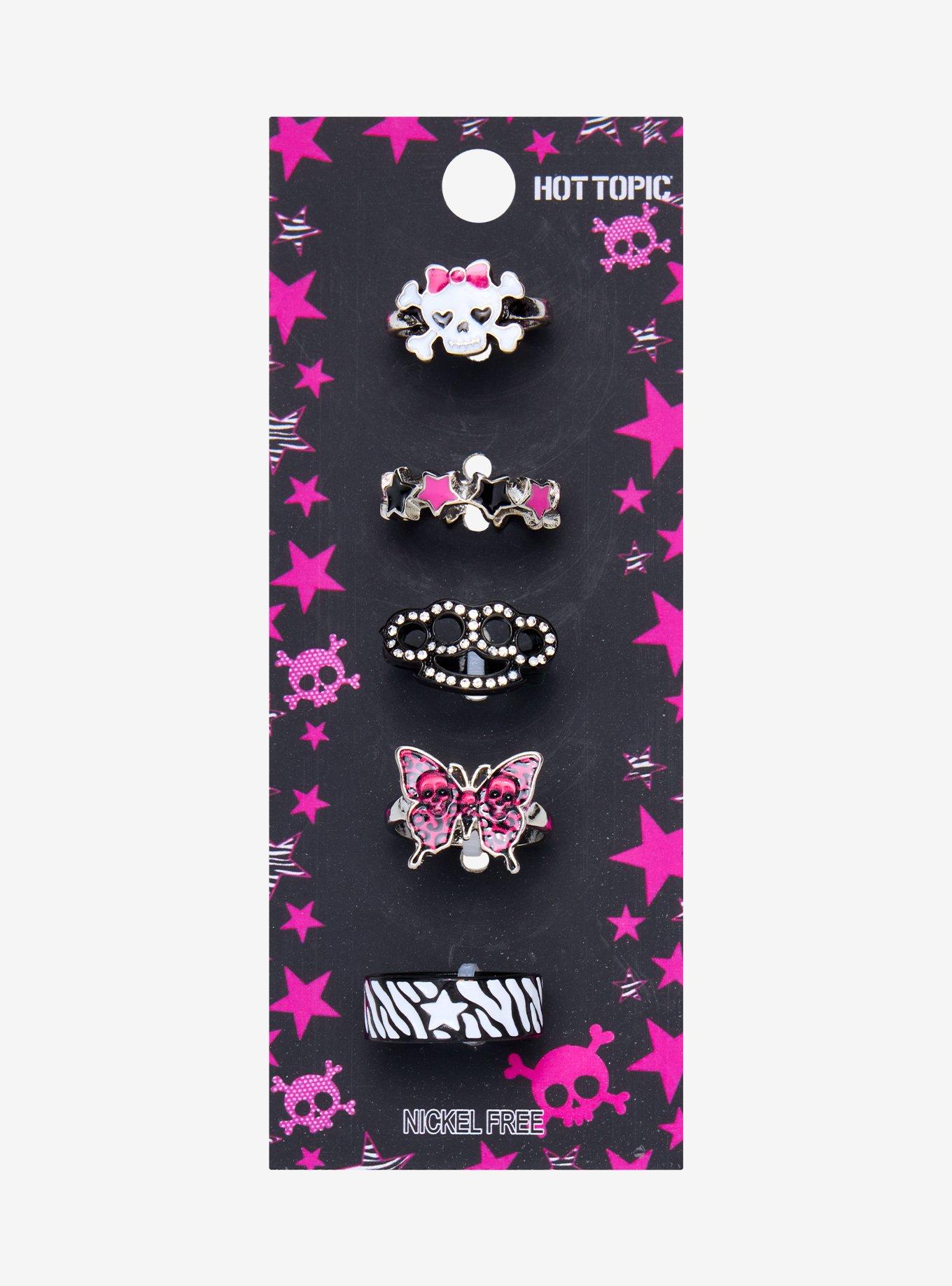 Skull & Crossbones Heart Pink Skull Ring Set, , hi-res