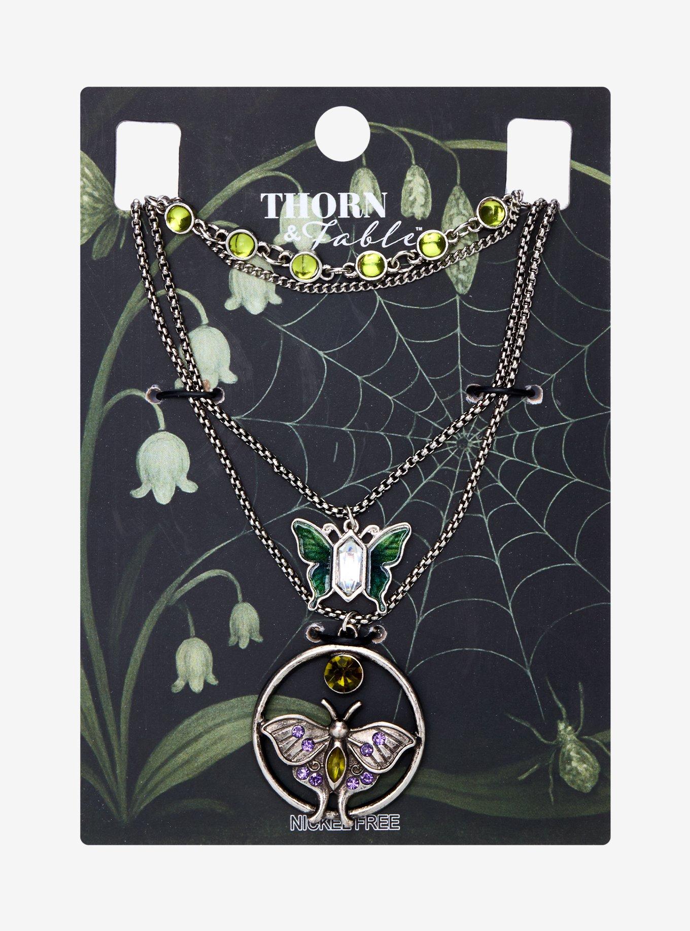 Thorn & Fable Green Gem Butterfly Pendant Necklace Set, , hi-res