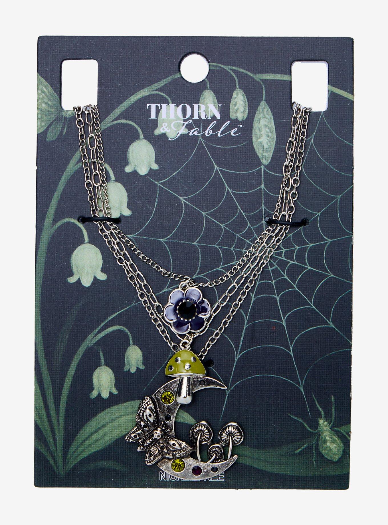 Thorn & Fable Green Mushroom Flower Moon Necklace Set, , hi-res