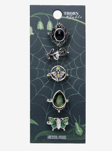 Thorn & Fable Green Butterfly Gem Ring Set | Hot Topic