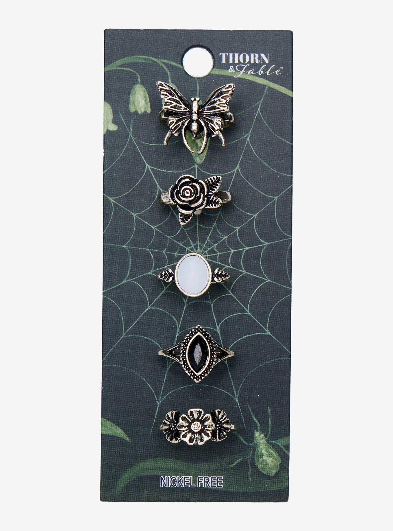Thorn & Fable Flower Moth Gem Ring Set