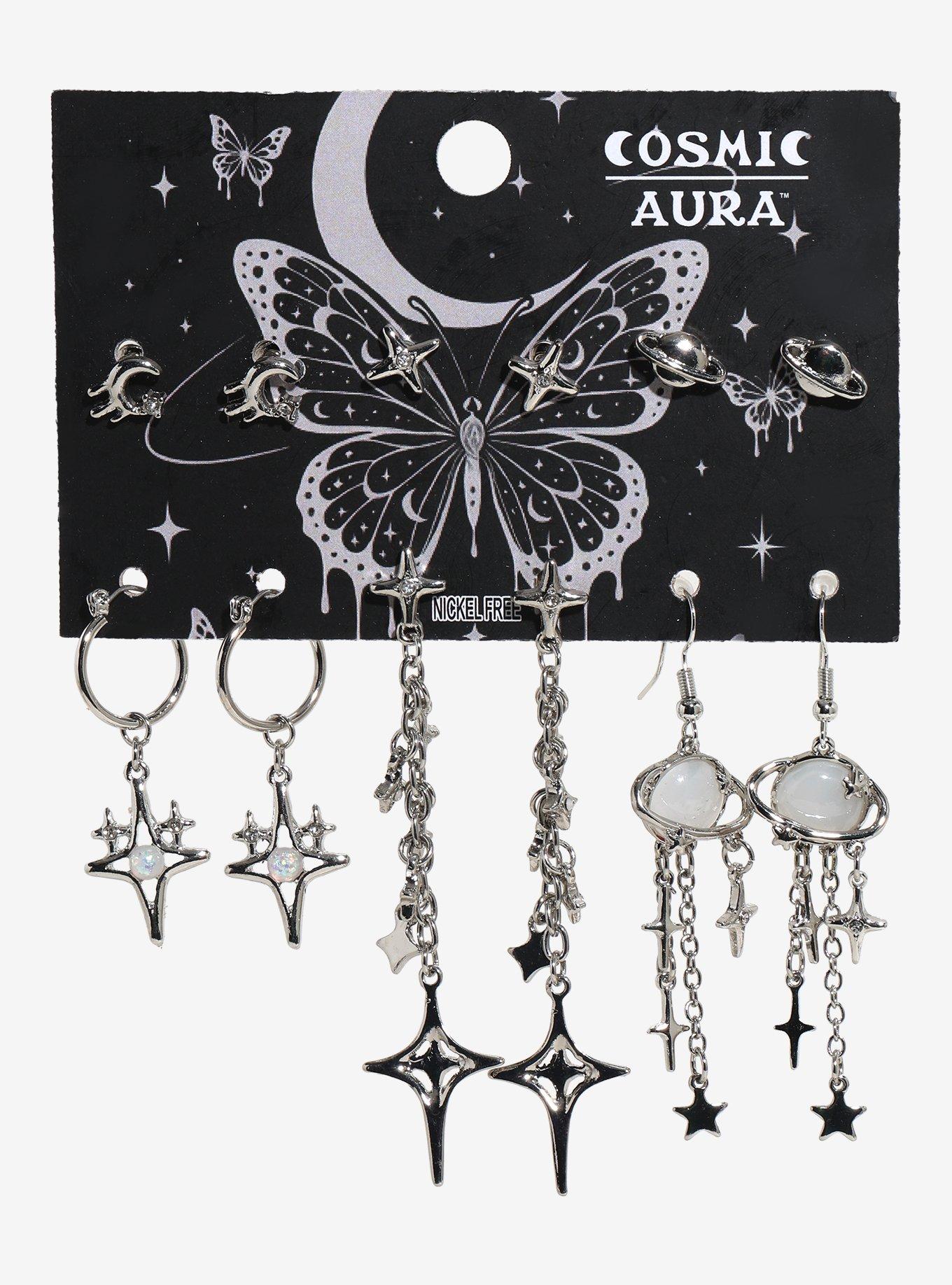 Cosmic Aura Pointed Star Planet Earring Set, , hi-res