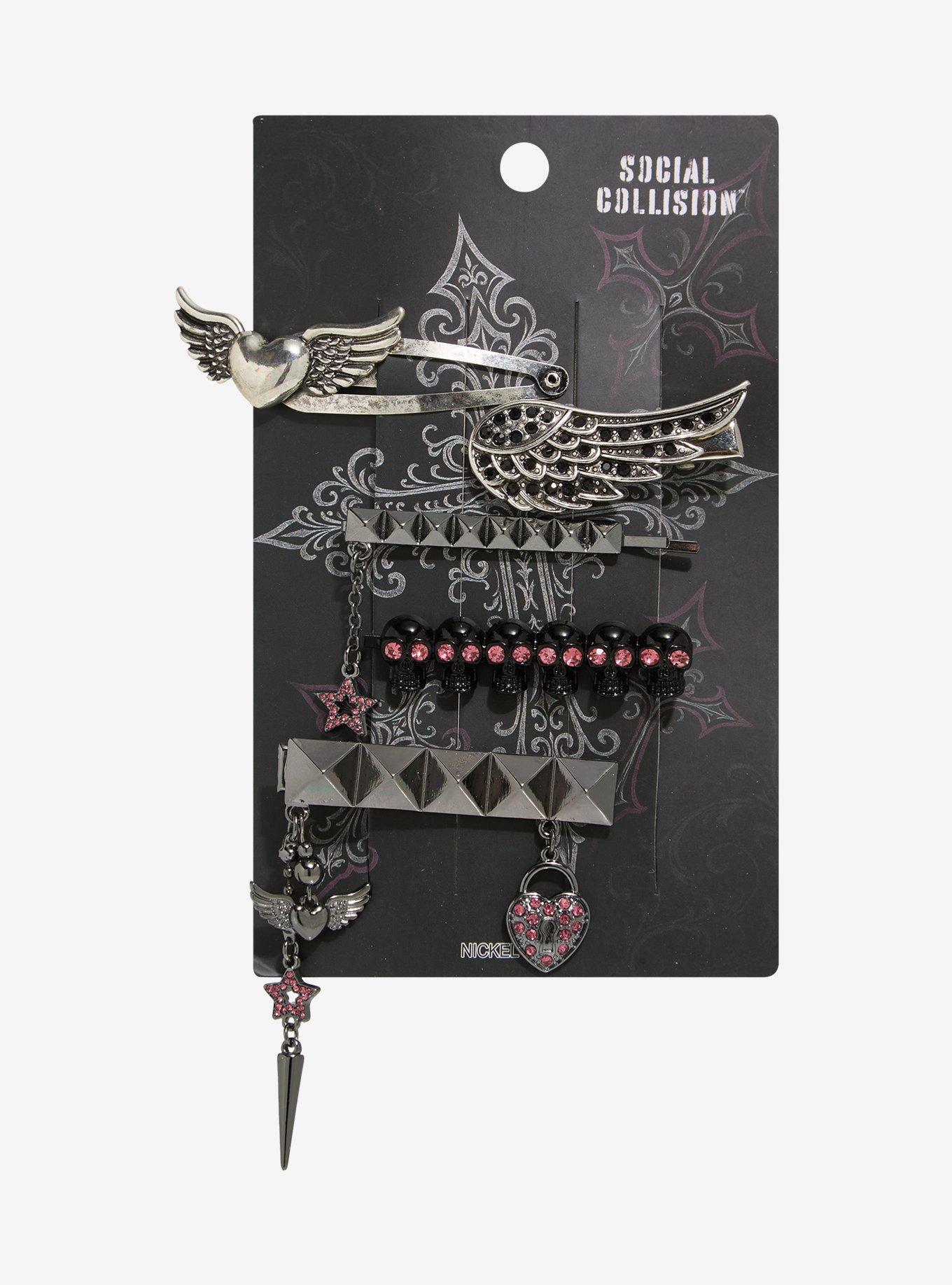 Social Collision Winged Heart Stud Hair Clip Set, , hi-res