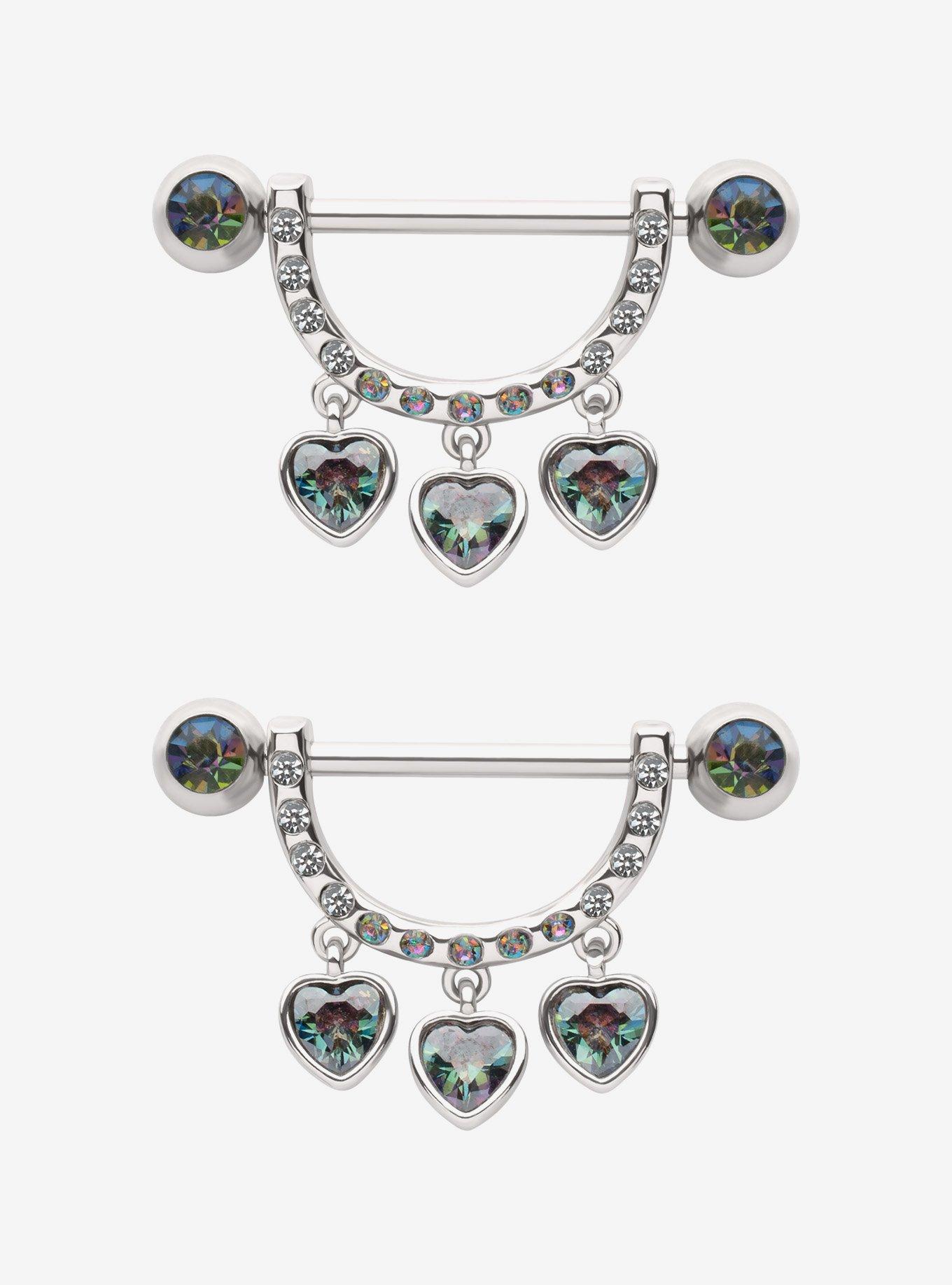 Steel Silver Heart Gem Nipple Barbell 2 Pack, , hi-res