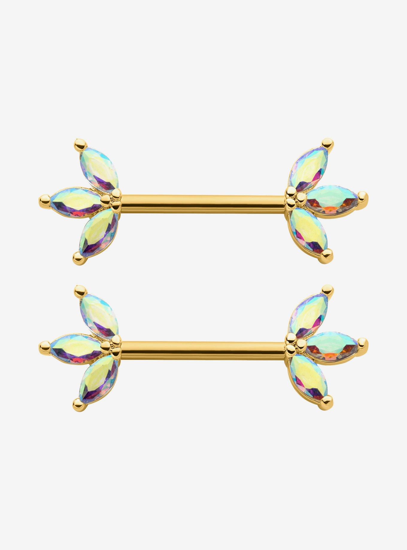 Steel Gold Iridescent Gem Burst Nipple Barbell 2 Pack, , hi-res