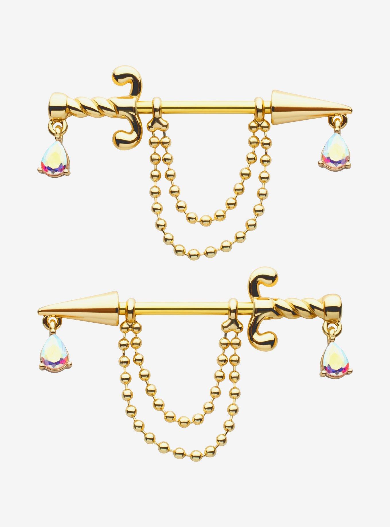 Steel Gold Dagger Chain Dangle Nipple Barbell 2 Pack, , hi-res