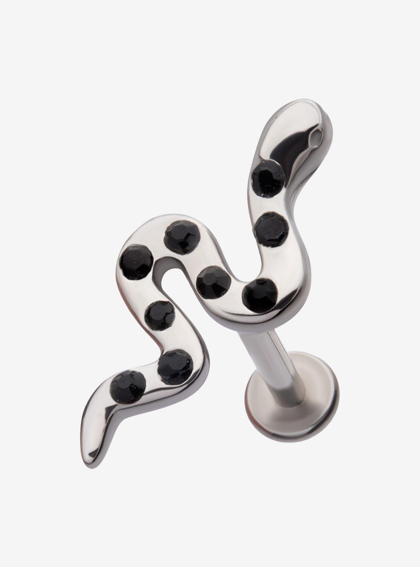 Steel Silver Black-Jeweled Snake Labret Stud, , hi-res