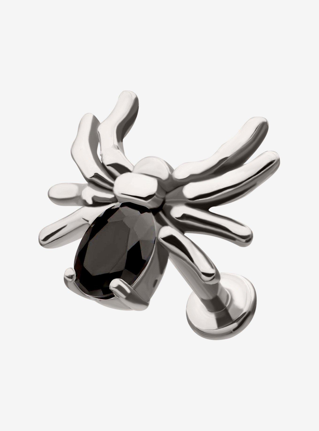 Steel Silver Black-Jeweled Spider Labret Stud, , hi-res