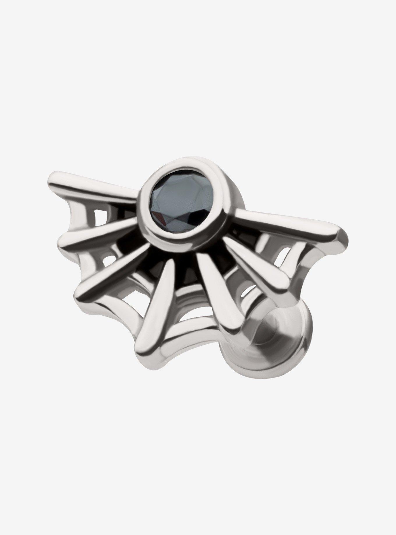 Steel Silver Black-Jeweled Spiderweb Labret Stud, , hi-res