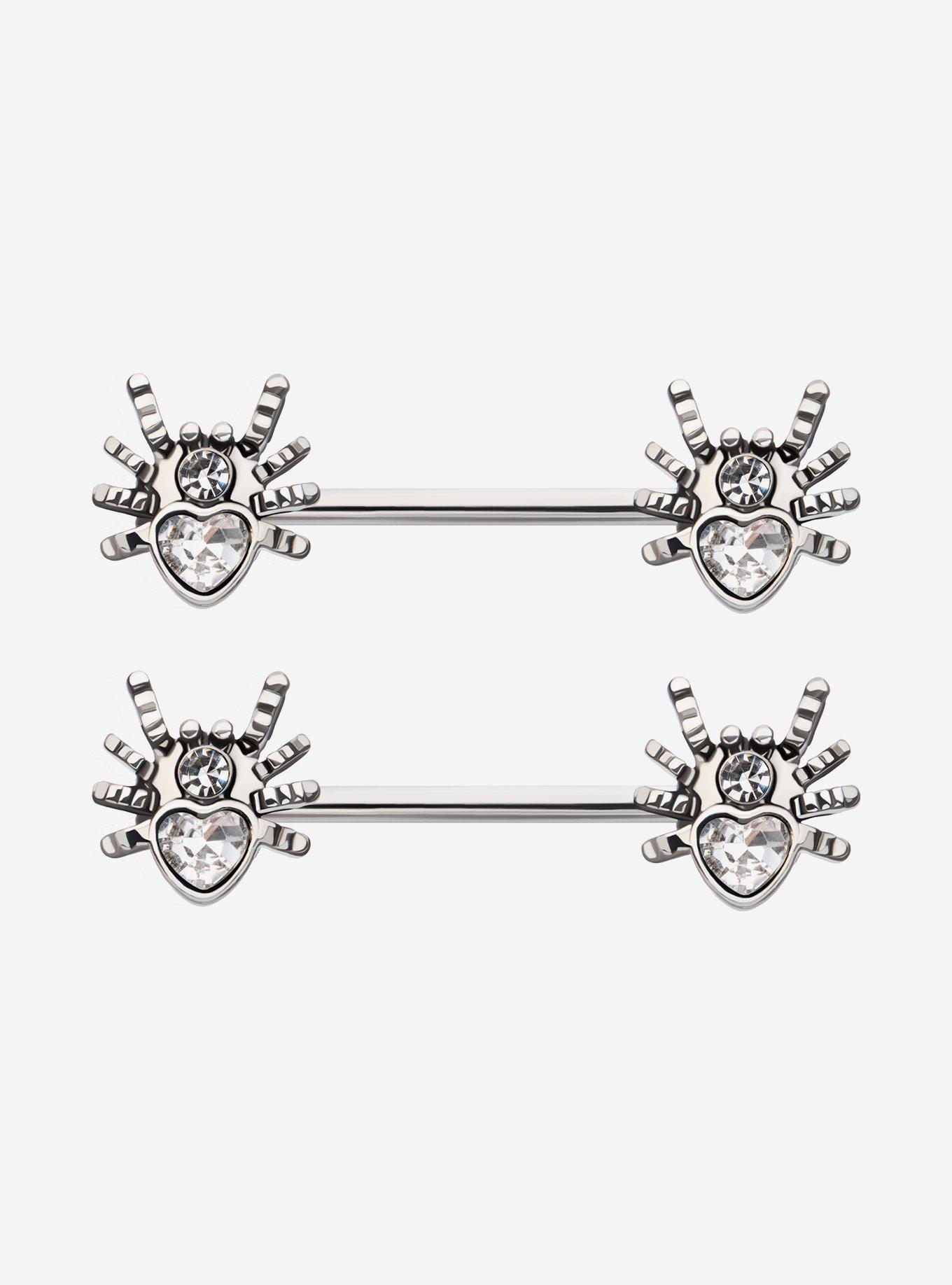 Steel Silver Jeweled Spider Nipple Barbell 2 Pack, , hi-res