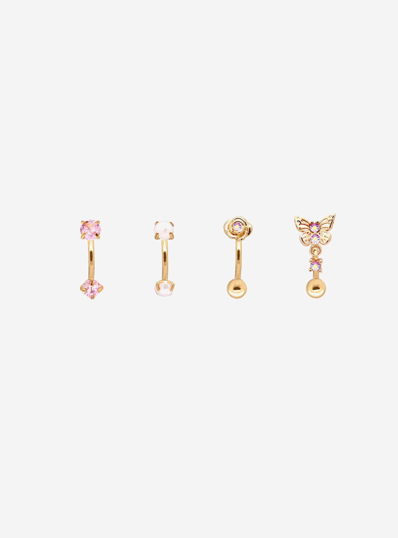 Steel Gold Butterfly & Pink Gem Eyebrow Barbell 4 Pack, , hi-res