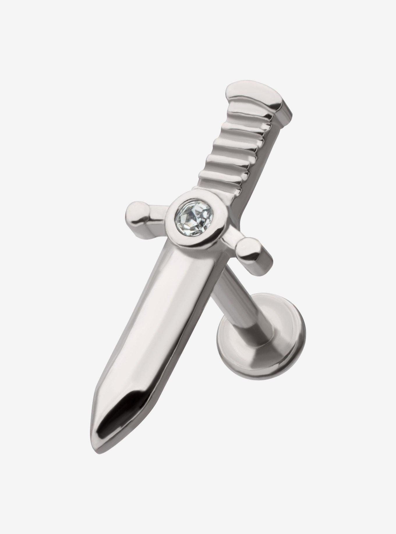 Steel Silver Jeweled Dagger Labret Stud, , hi-res
