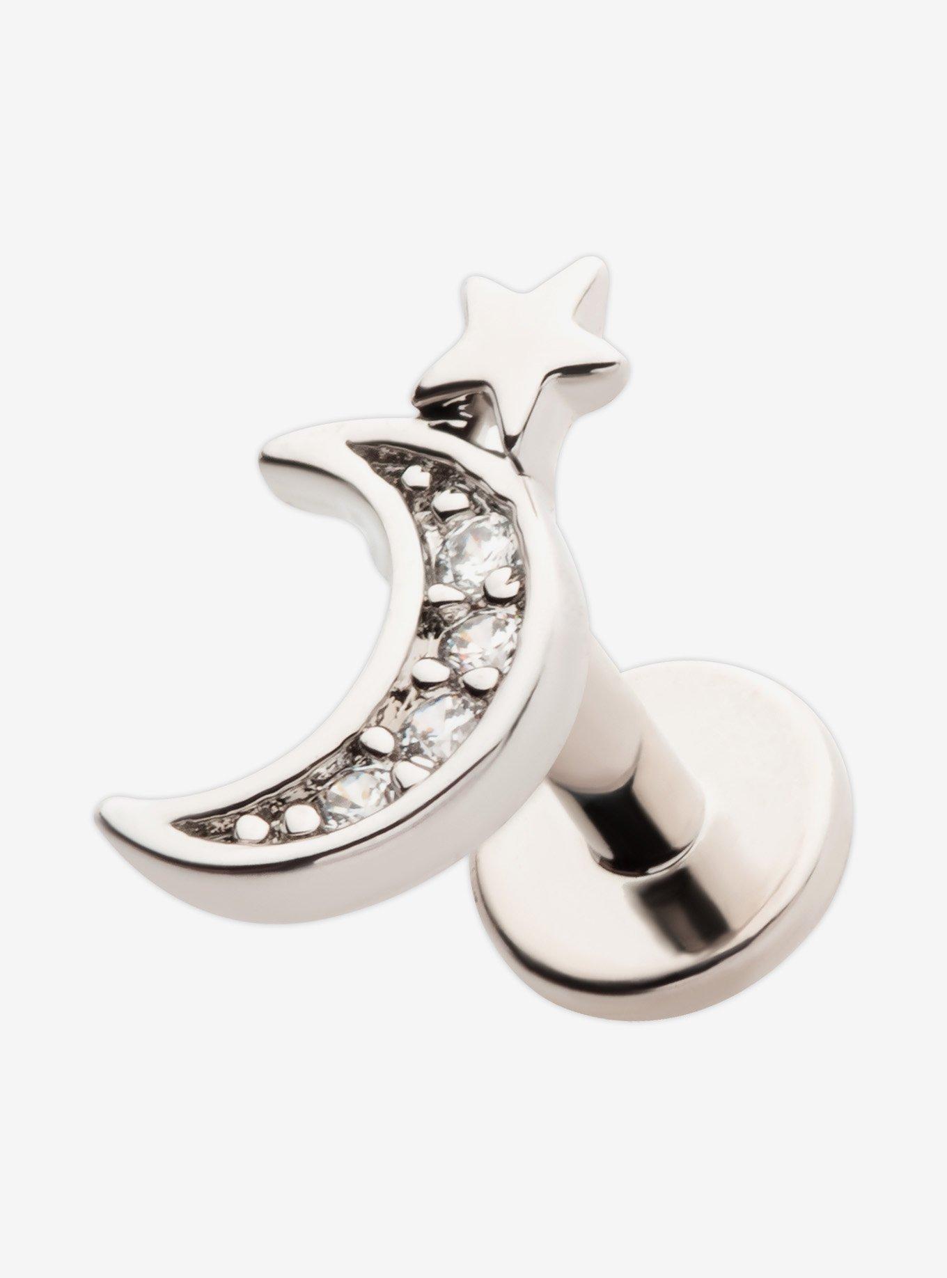 Steel Silver Crescent Moon & Star Labret Stud, , hi-res