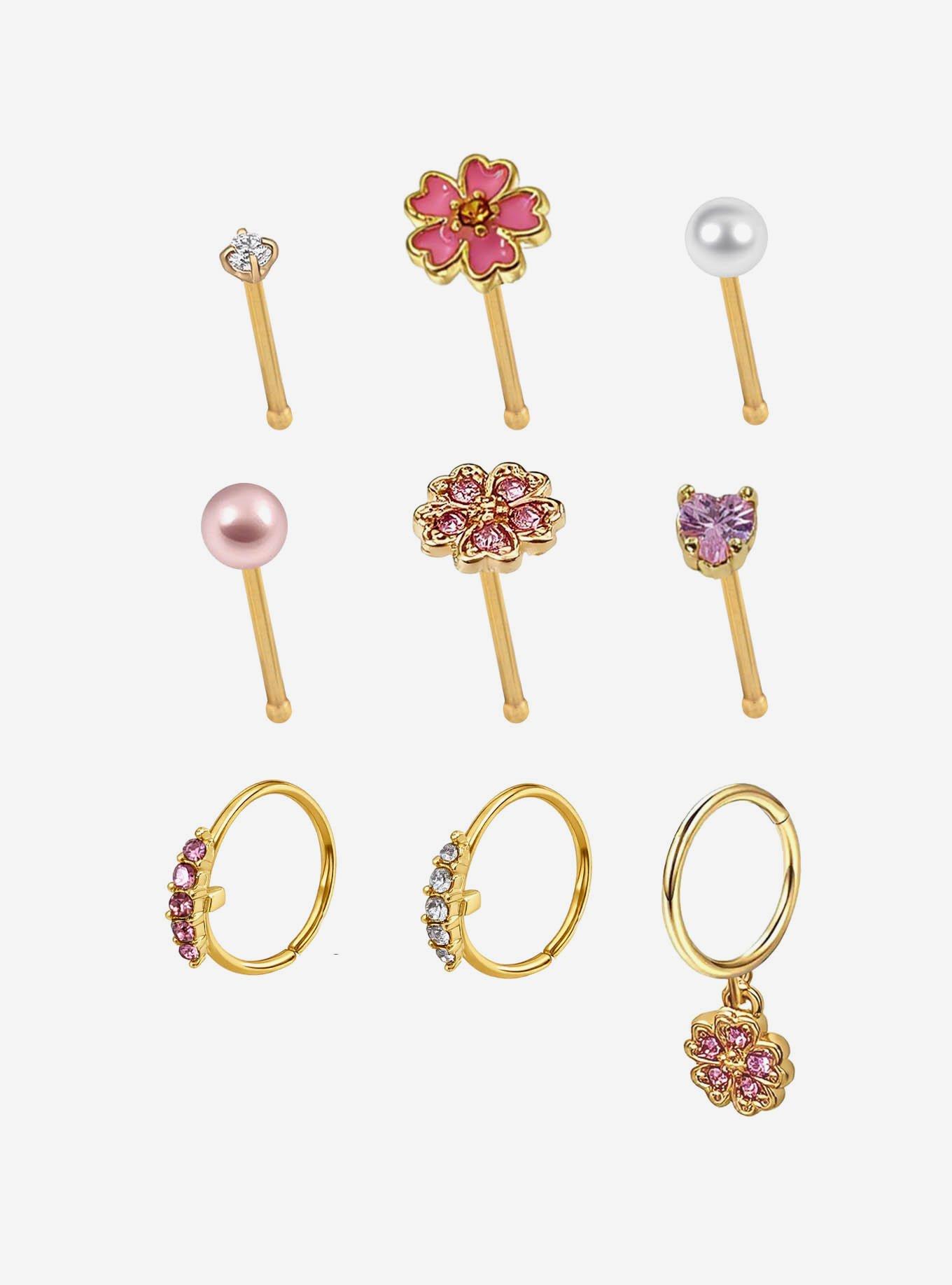 Steel Gold & Sakura Gem Nose Stud & Hoop 9 Pack