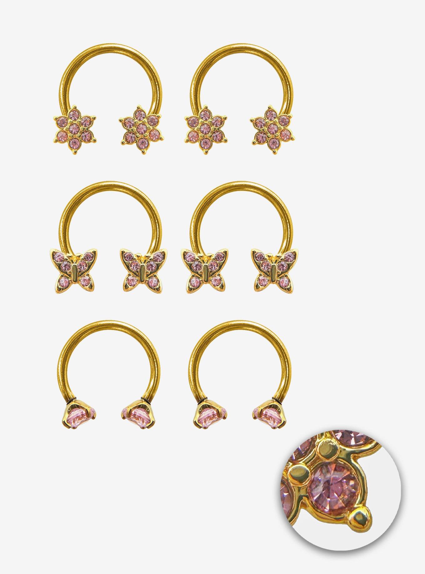 Steel Gold Butterfly Pink Gem Circular Barbell 6 Pack