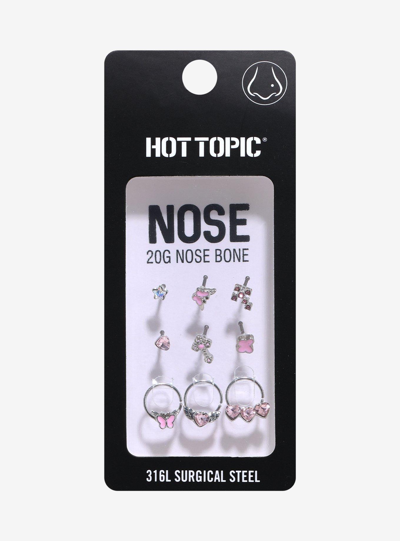 Steel Pink Butterfly Heart Nose Stud & Hoop 9 Pack