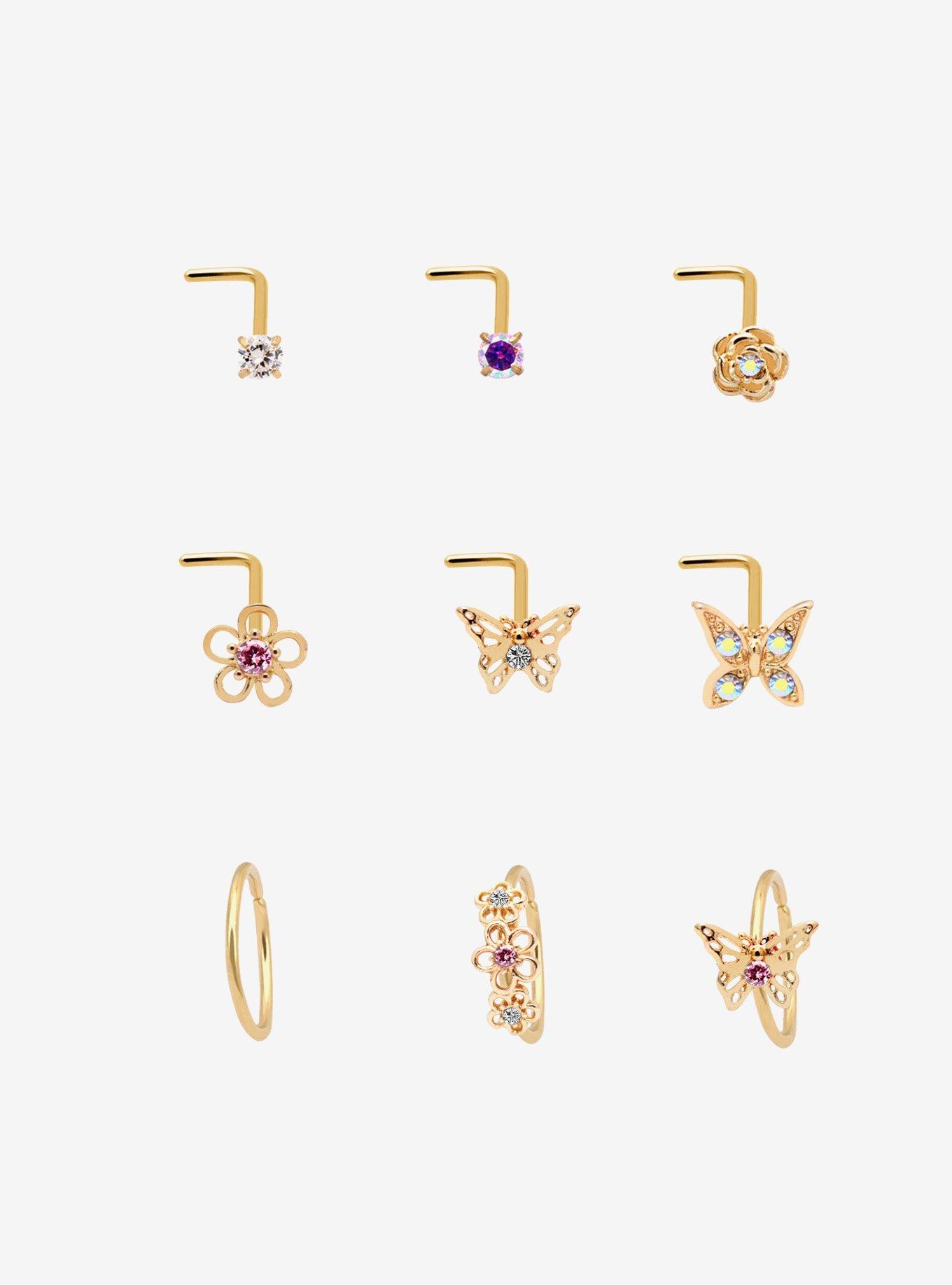 Steel Gold Butterfly & Flower Nose Stud & Hoop 9 Pack, , hi-res