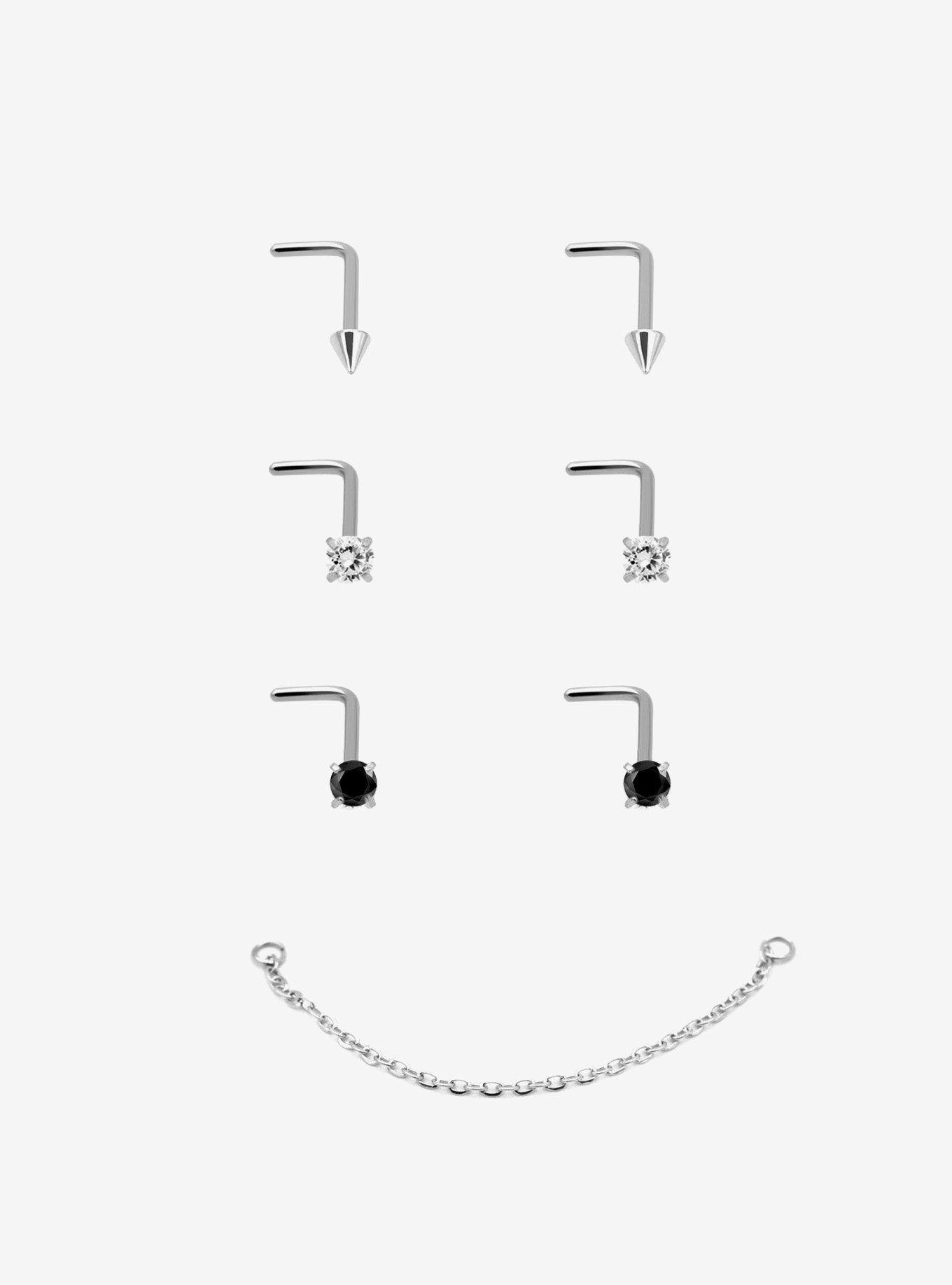 Steel Silver Nose Stud & Chain 7 Pack, , hi-res