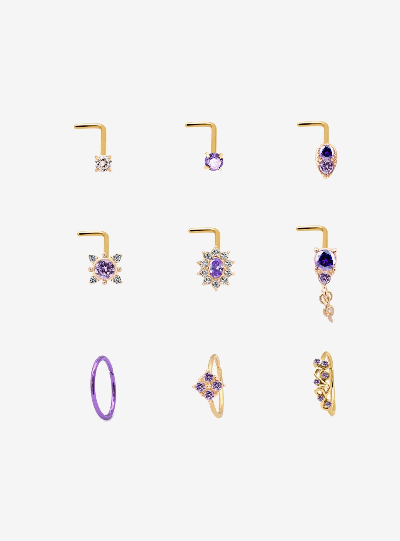 Steel Gold Purple Gem Nose Stud & Hoop 9 Pack, , hi-res