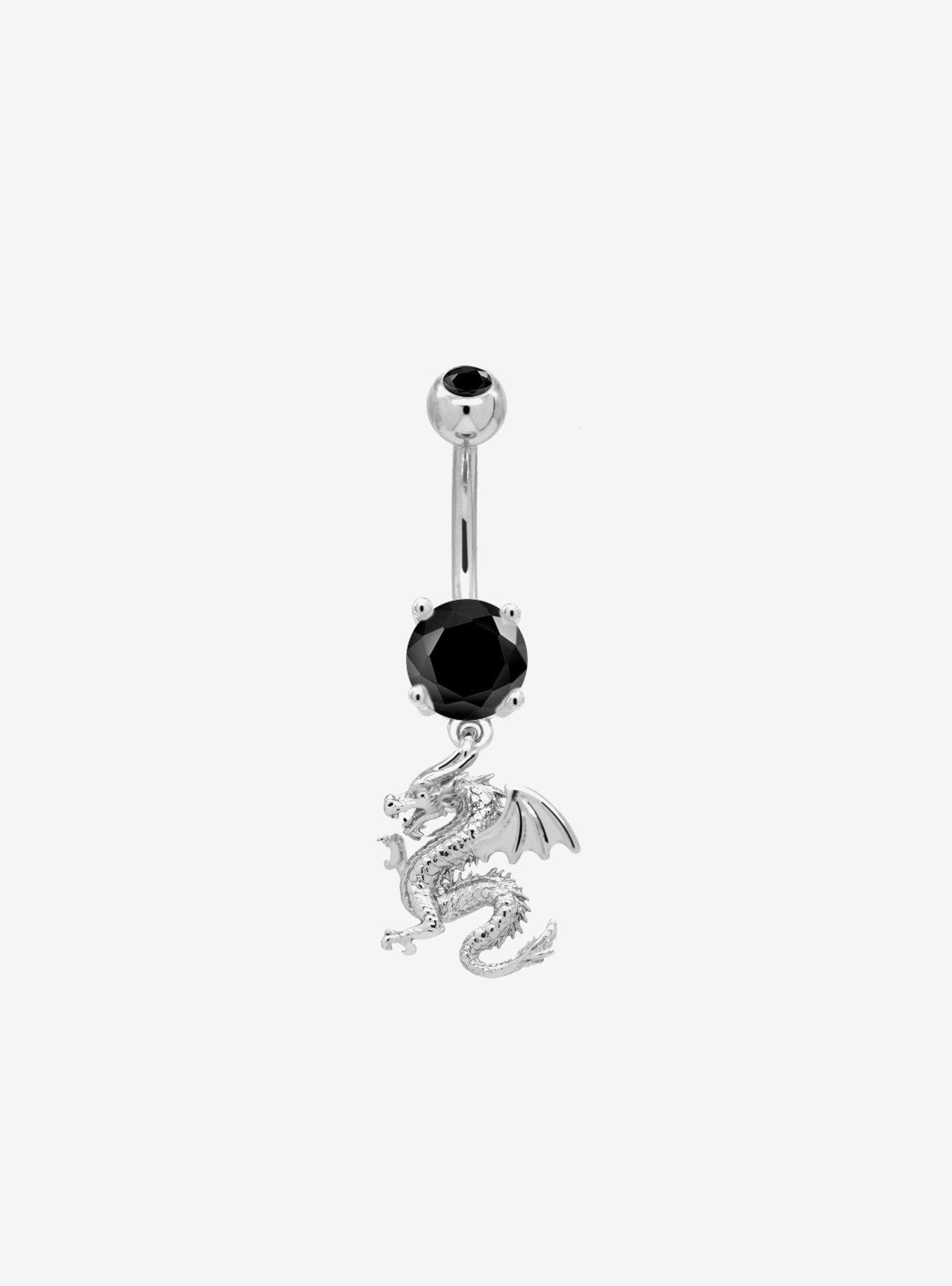 Steel Silver Dragon & Black Gem Navel Barbell, , hi-res