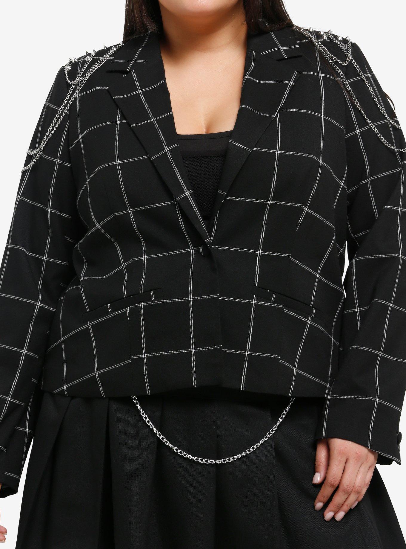 Social Collision Black Plaid Spike Chain Girls Crop Blazer Plus Size, , hi-res