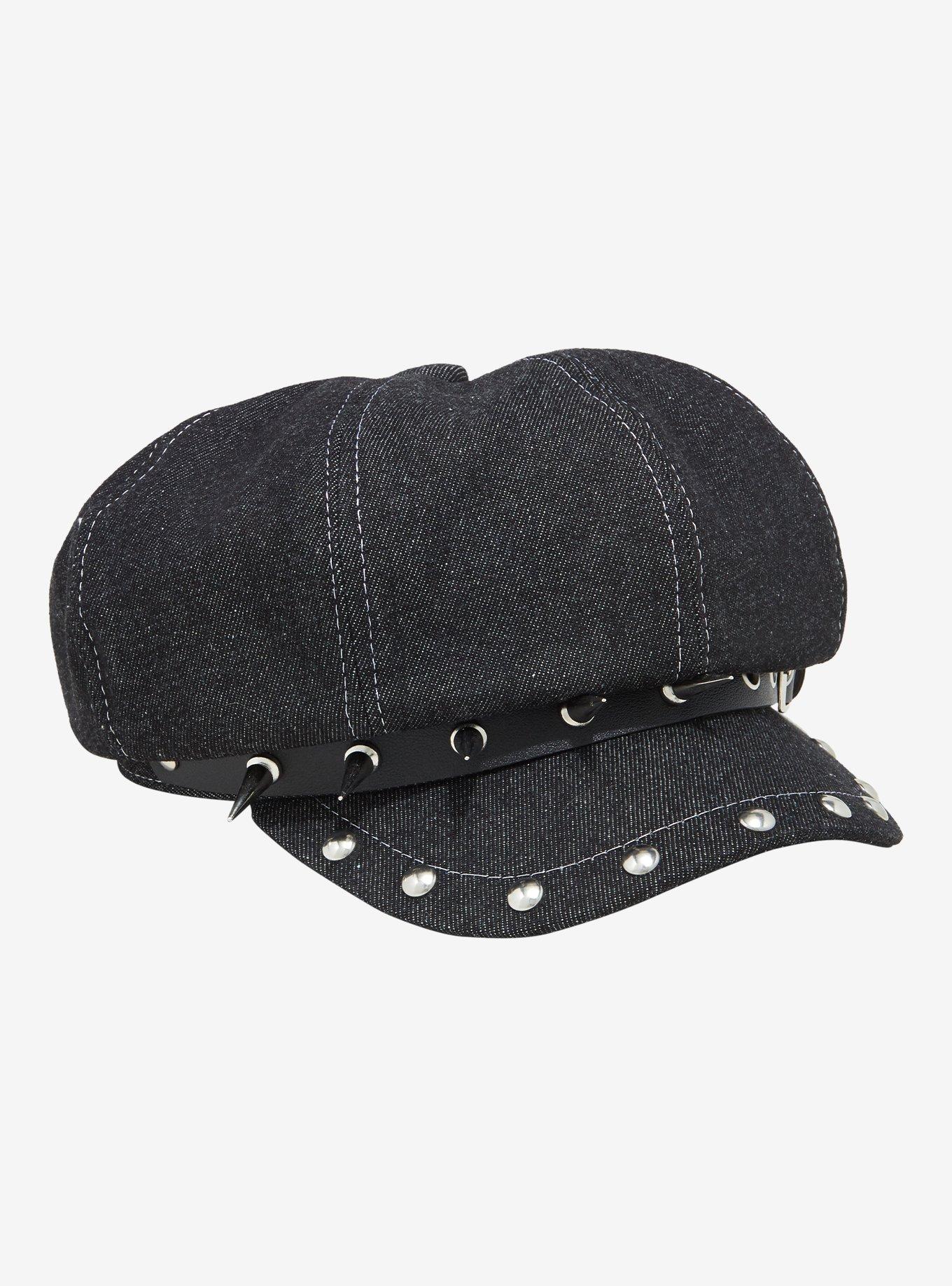 Dark Denim Spike Stud Cabbie Hat, , hi-res