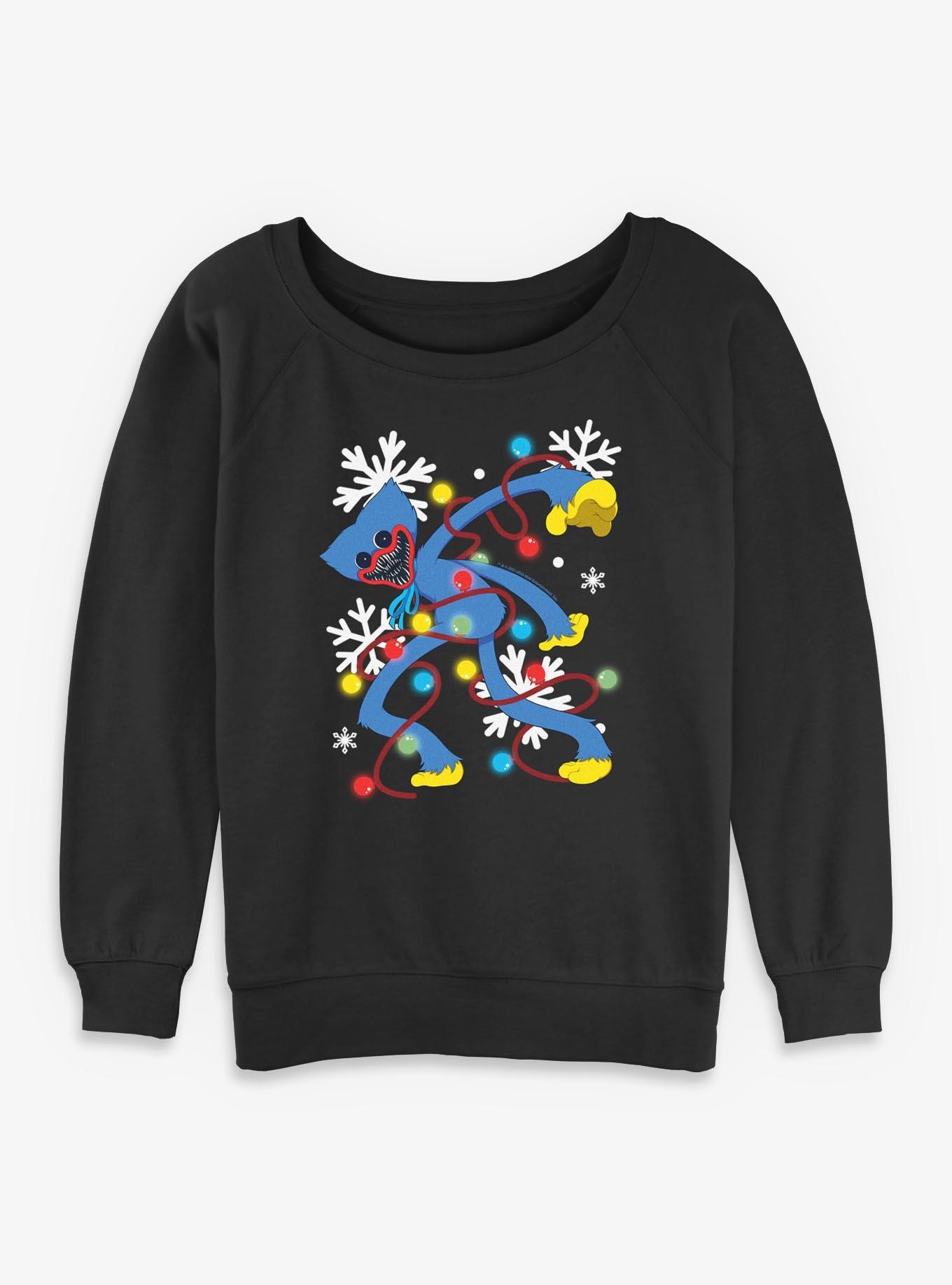Poppy Playtime Huggy Xmas Lights Womens Slouchy Sweatshirt - BLACK