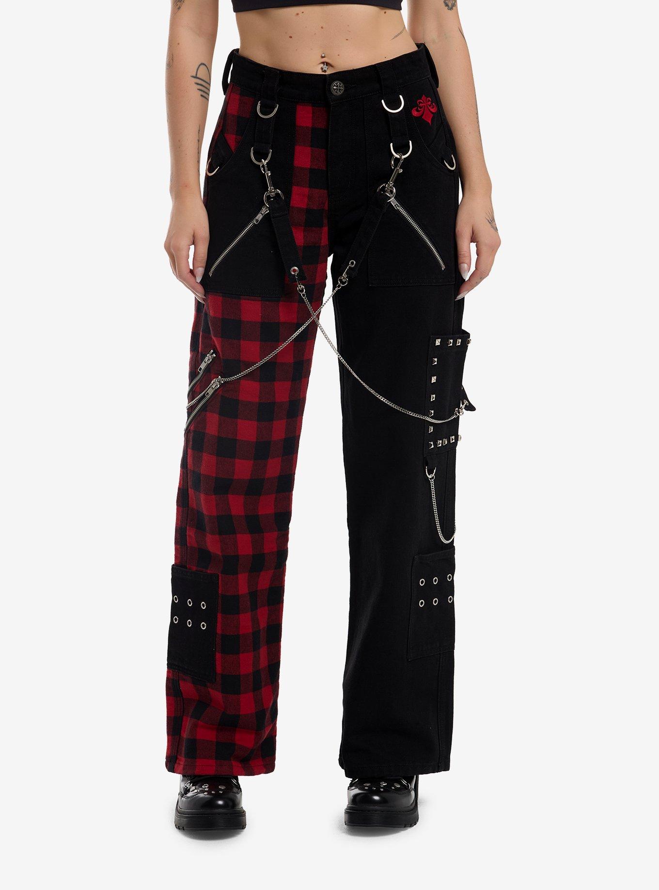 Affliction Black & Red Plaid Split Pyramid Stud Jeans, , hi-res
