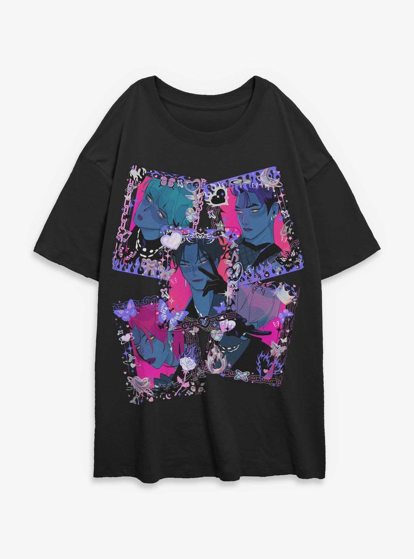 KPop Demon Hunters Saja Boys Dark Toploader Deco Photocards Womens Oversized T-Shirt, BLACK, hi-res view 1