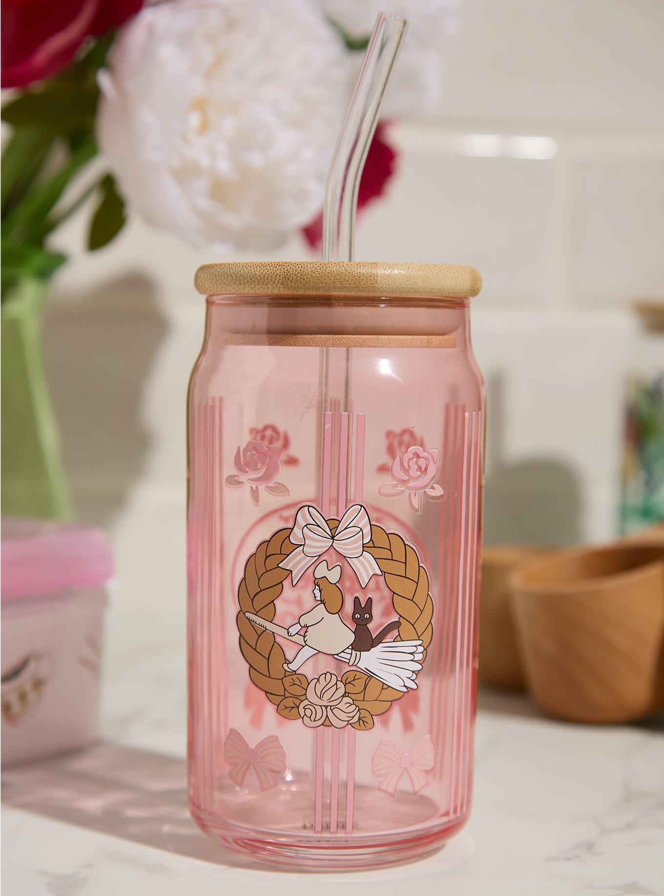 Studio Ghibli&reg; Kiki's Delivery Service Kiki & Jiji Wreath Floral Glass Cup with Straw - BoxLunch Exclusive, , hi-res