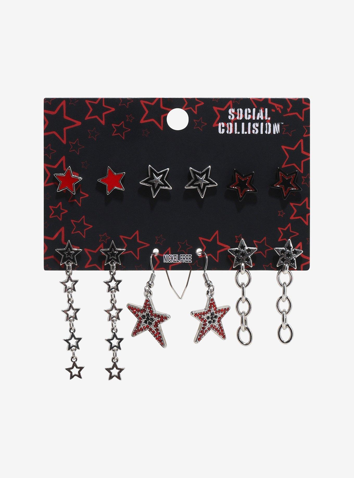 Social Collision Red & Black Star Charm Earring Set, , hi-res
