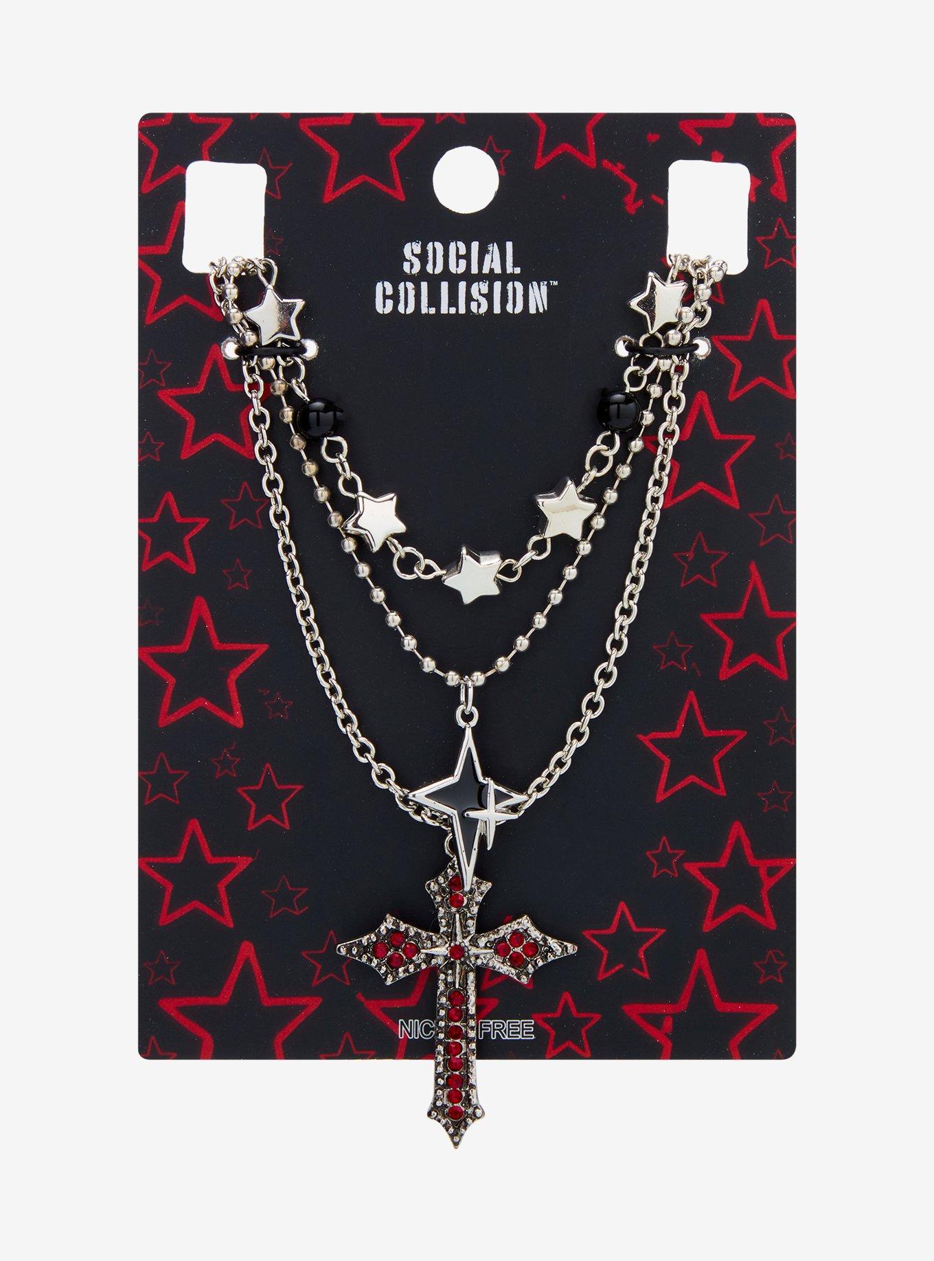 Social Collision Black & Red Star Cross Necklace Set, , hi-res