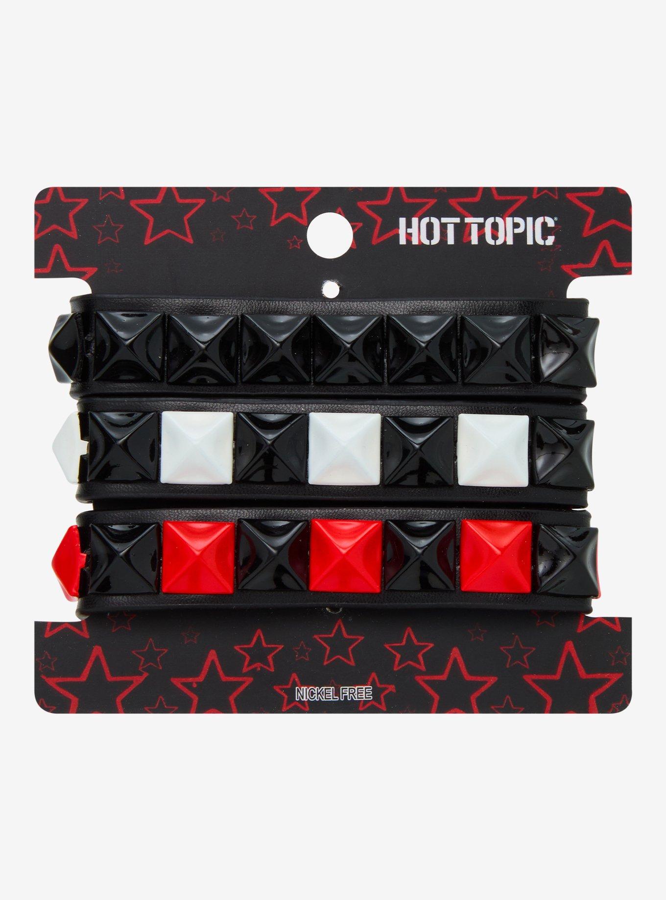 Black White Red Pyramid Stud Faux Bracelet Set, , hi-res