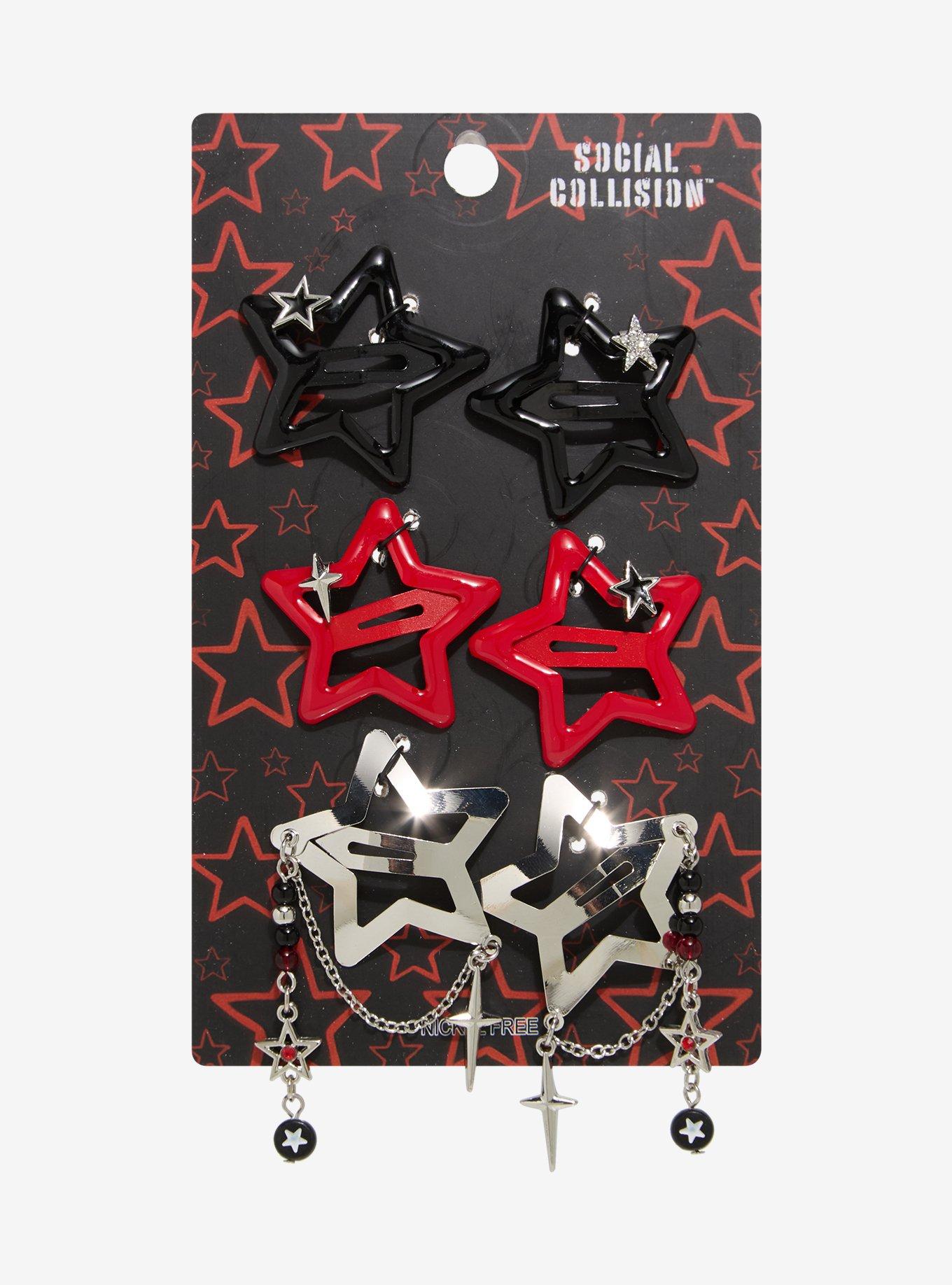 Social Collision Red Black Star Charm Hair Clip Set, , hi-res
