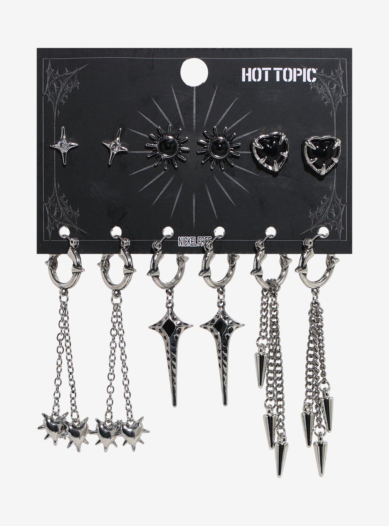 Black & Silver Spike Heart Earring Set, , hi-res