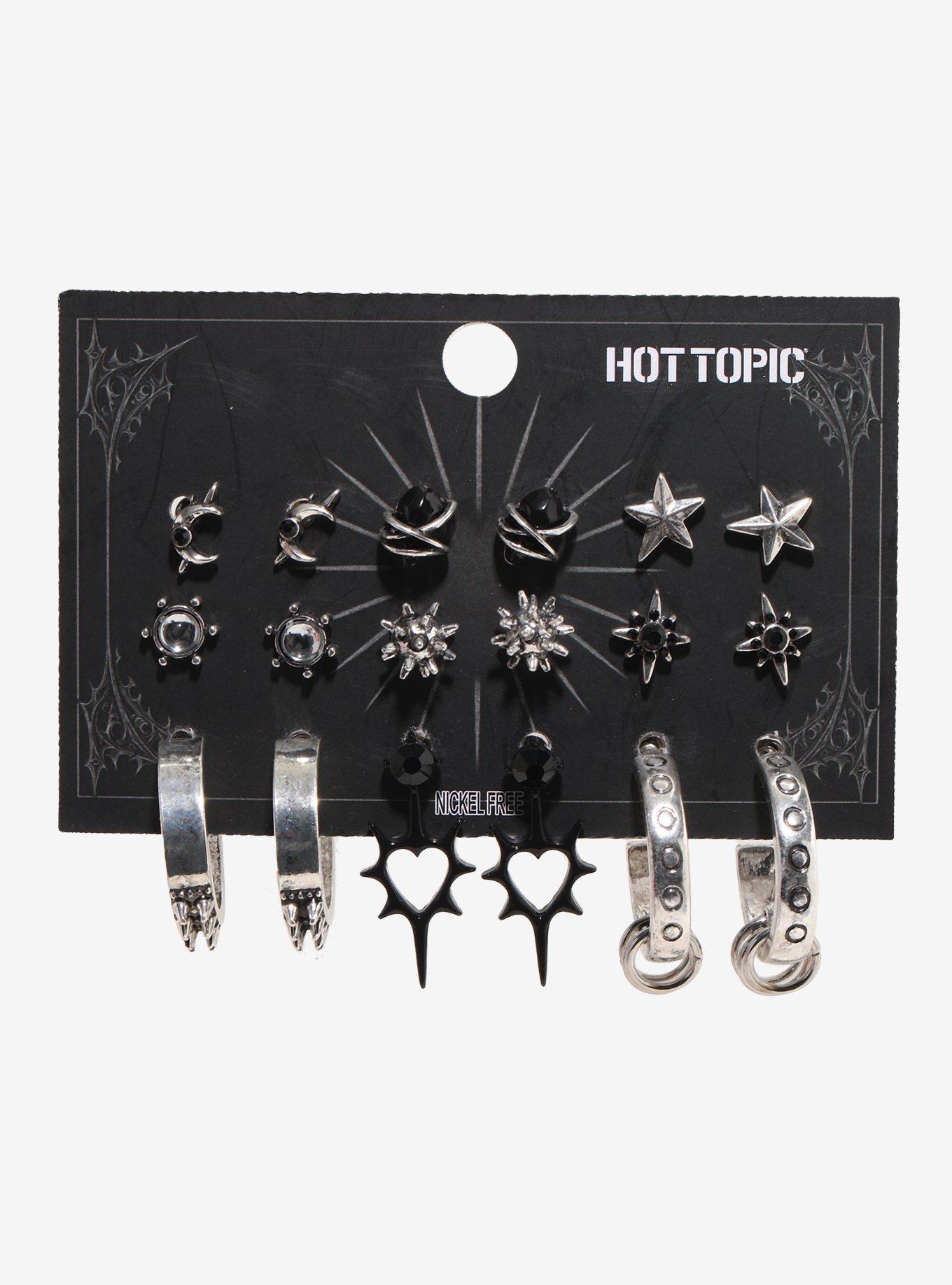 Black Heart Silver Star Earring Set, , hi-res