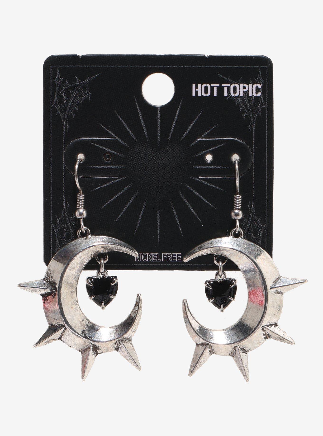 Black Heart Gem Spiky Moon Earrings, , hi-res