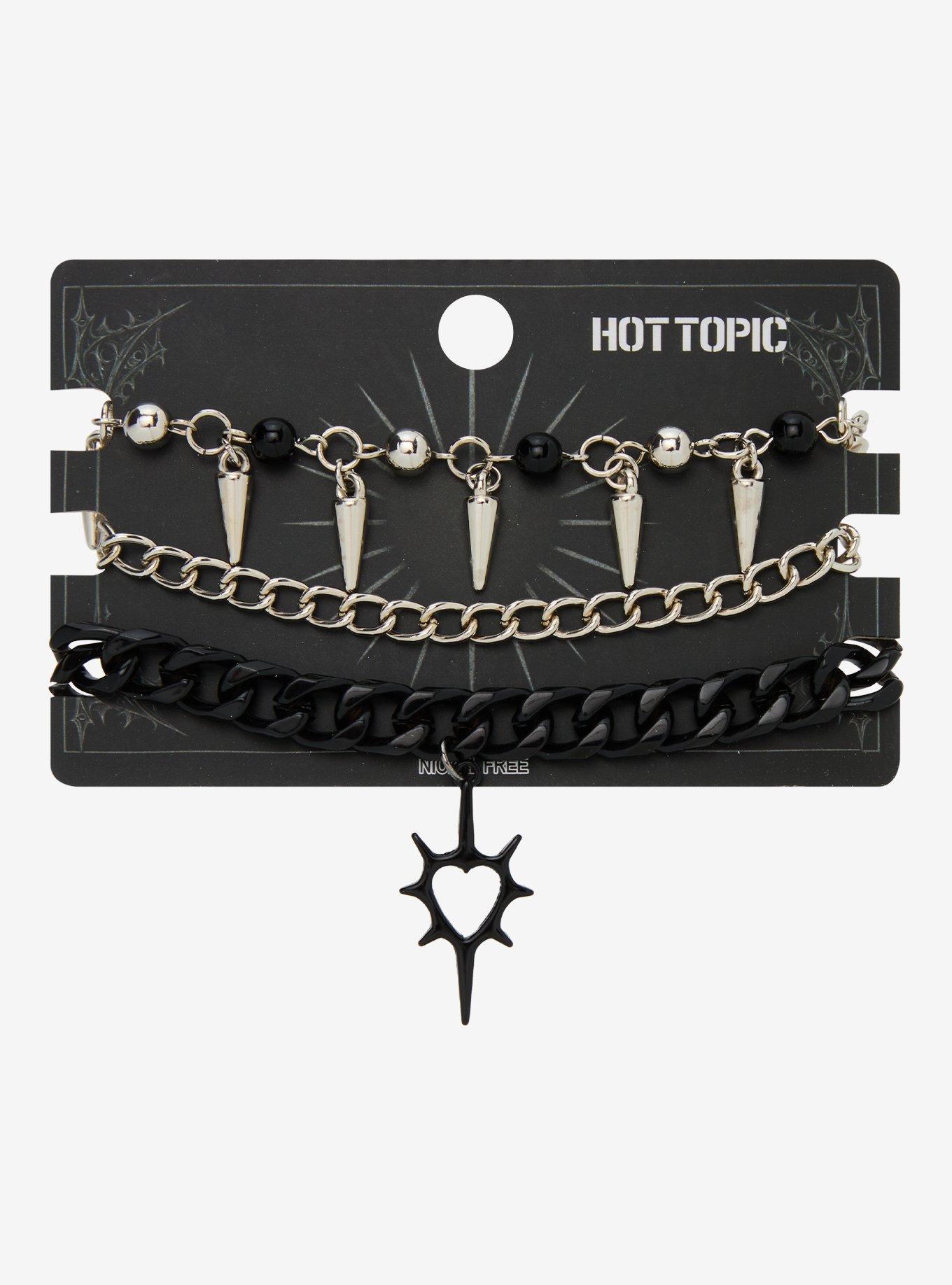 Black & Silver Spike Heart Chain Bracelet Set, , hi-res