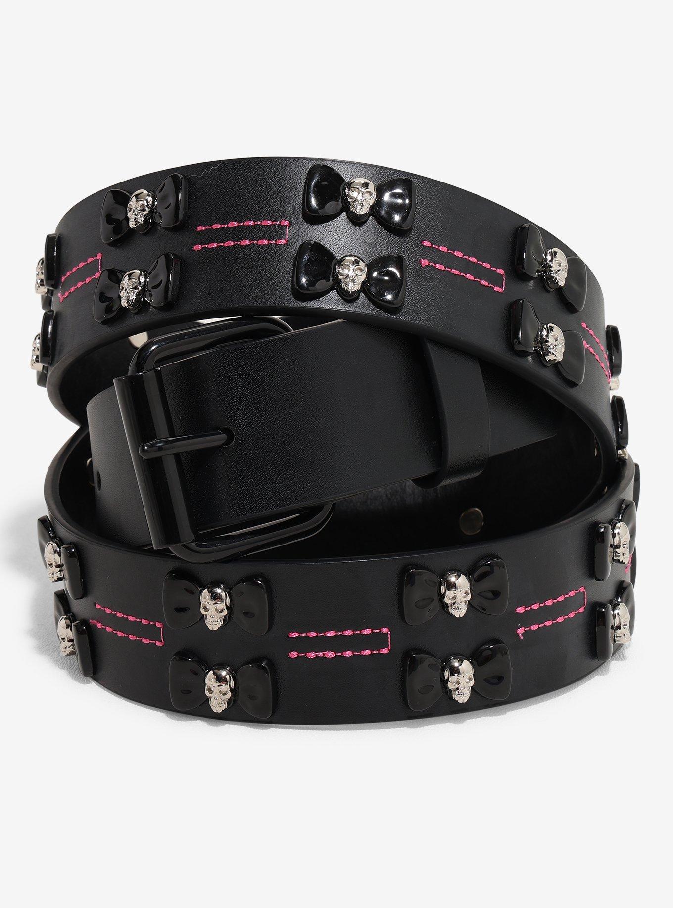 Black & Pink Skull Bow Grommet Belt, , hi-res