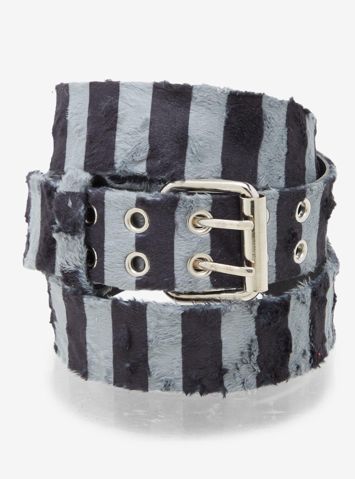 Black & Grey Stripe Faux Fur Grommet Belt, , hi-res