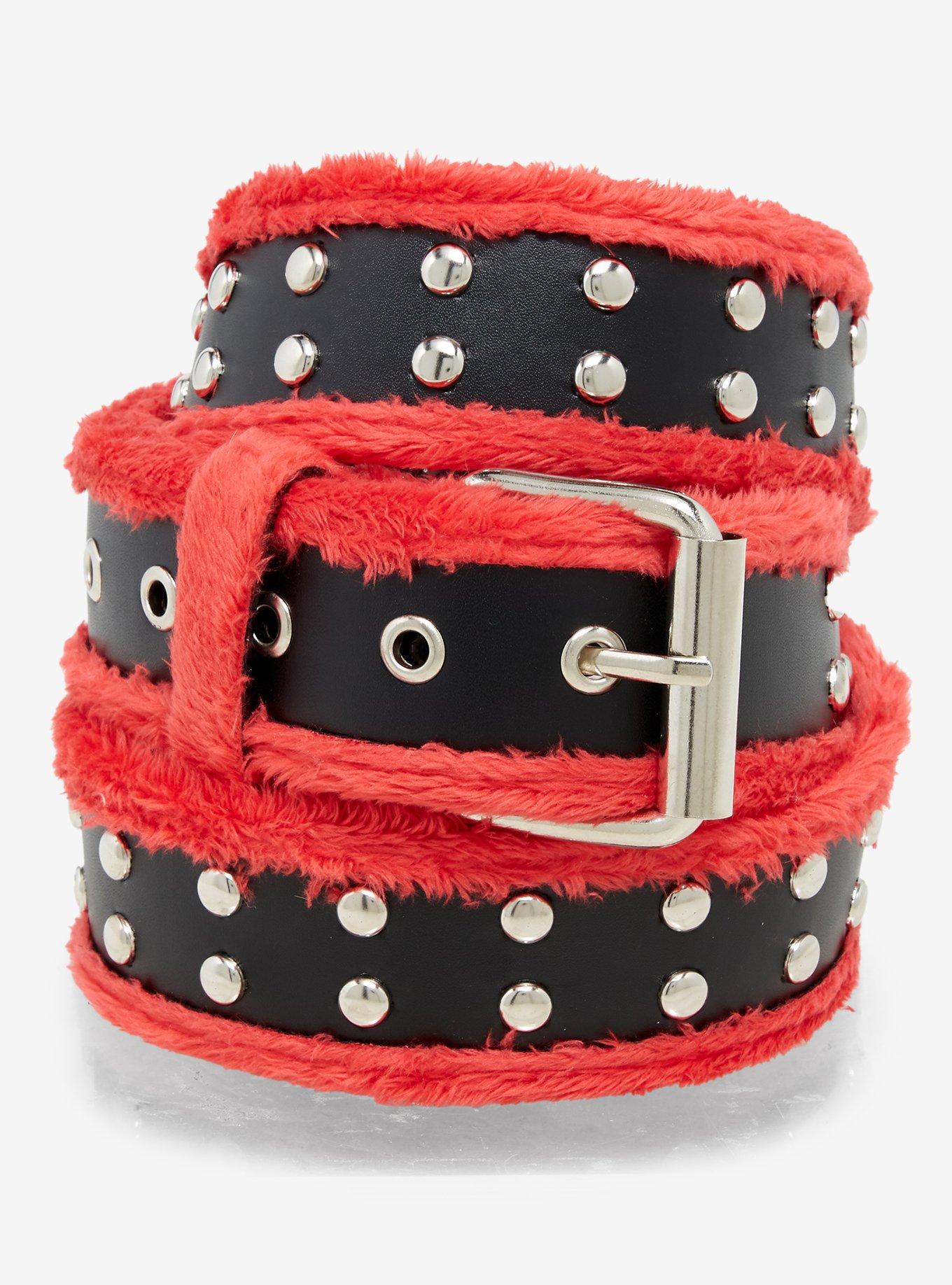 Circular Stud Red Fuzzy Trim Belt, , hi-res