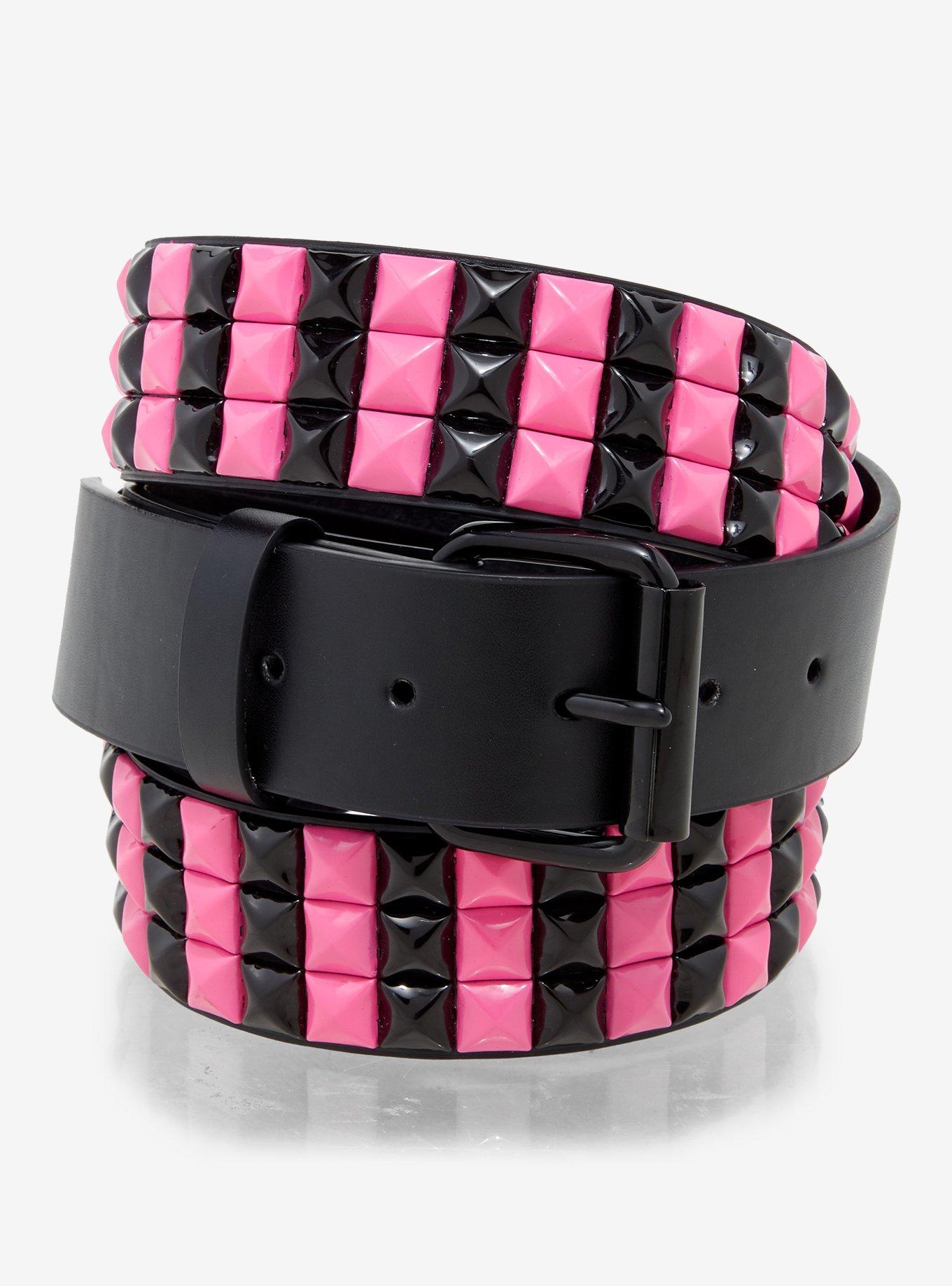 Black & Pink Stripe Three Row Pyramid Stud Belt, , hi-res